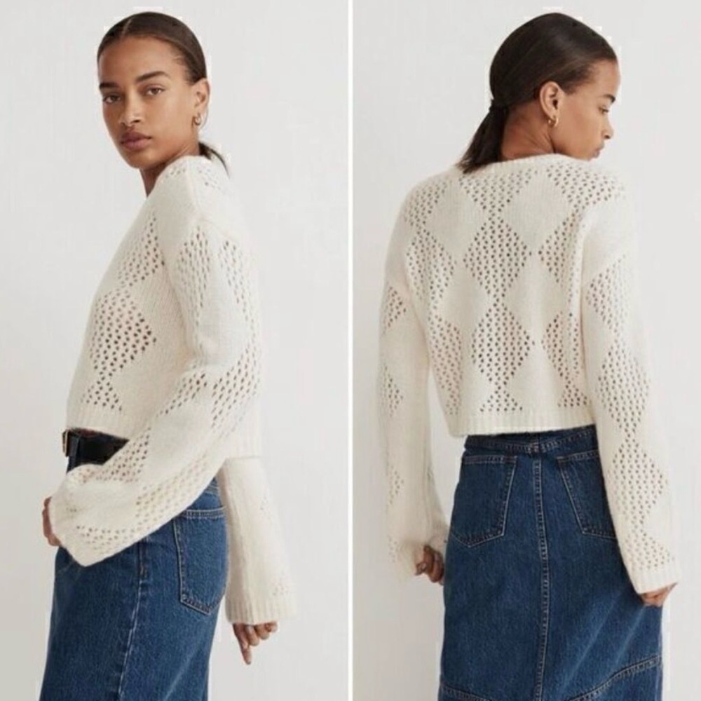 Madewell Diamond-Stitch Crewneck Crop Sweater in Cream Sz S